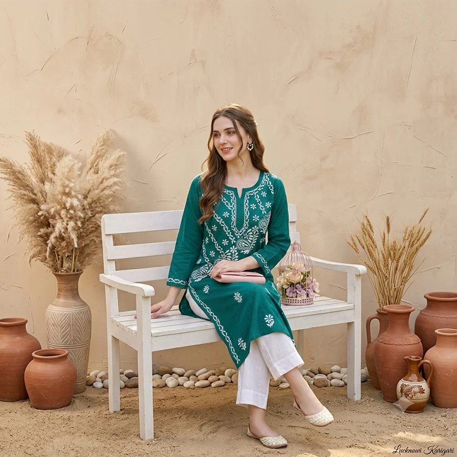 Teal Green Cotton Cross Neck Work Kurta