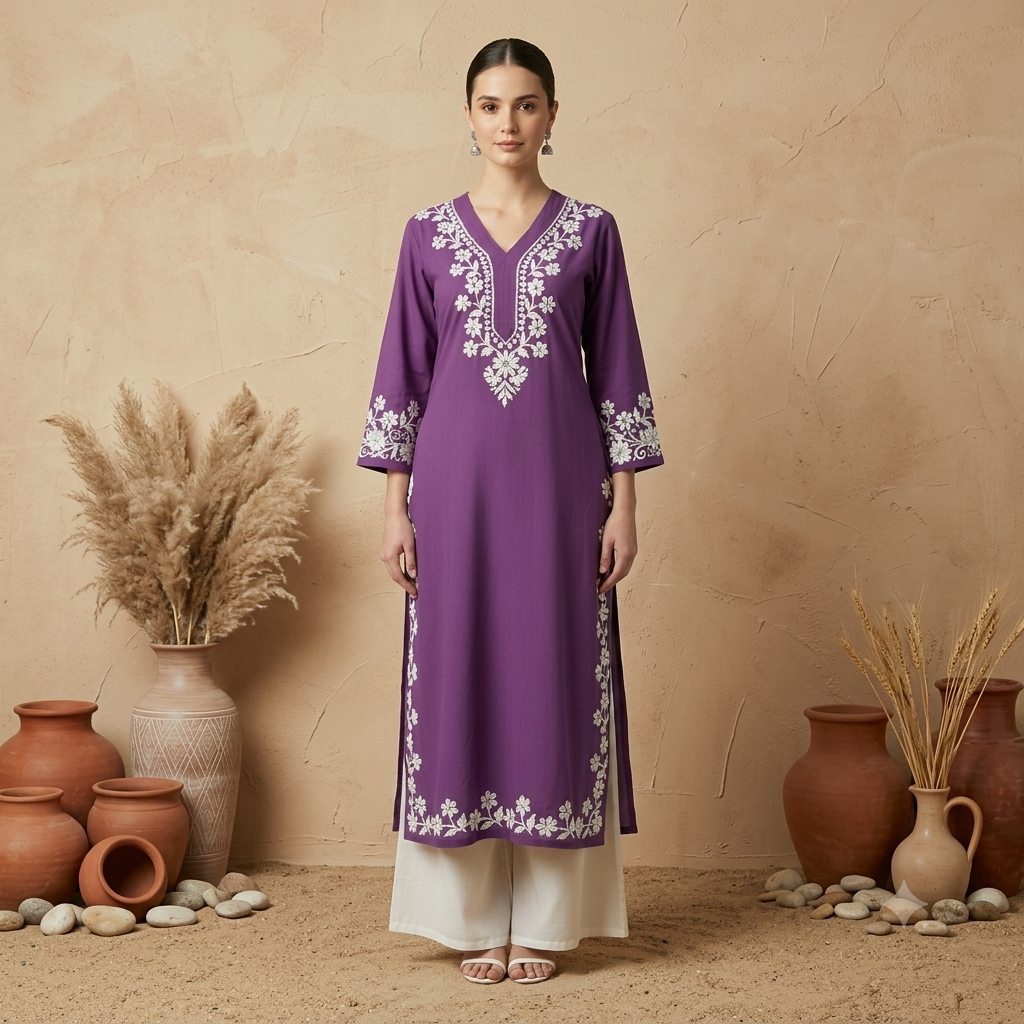 Purple Rayon Fabric V Neck Kurta