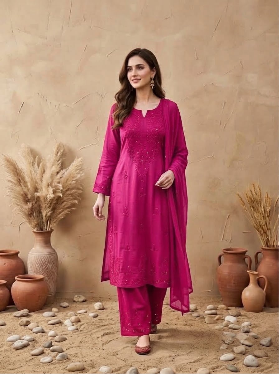 Pink Alifa Rayon 3PSC set with Mukesh work