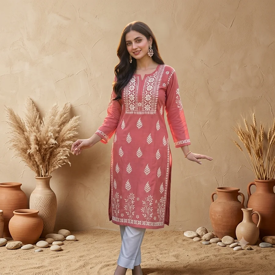 Peach Rayon fabric Daman  Kurti