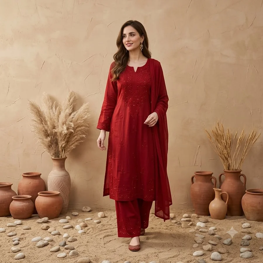 Red Rayon 3PSC set with Mukesh work