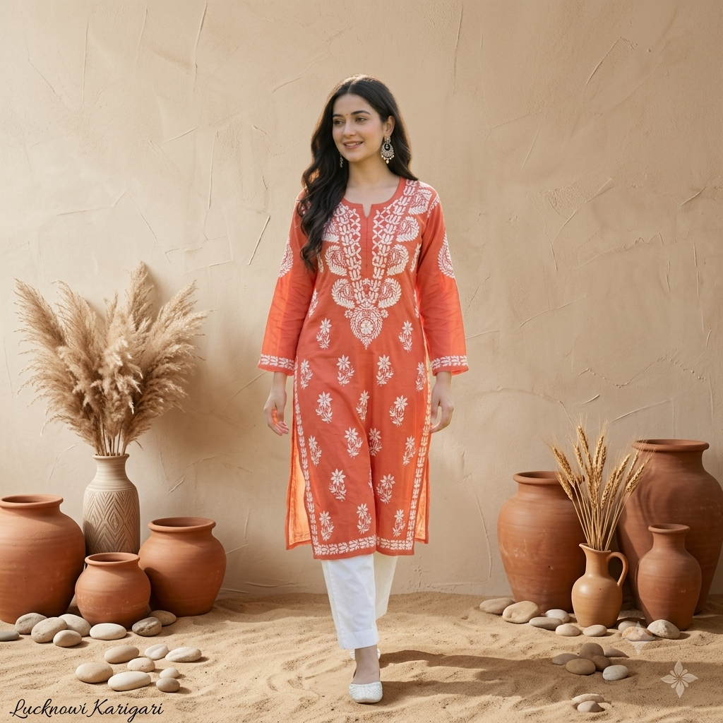 Orange Colour Rayon v boota  Kurta