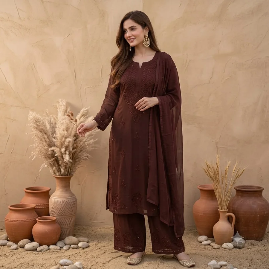 Brown Rayon 3PSC set with Mukesh work