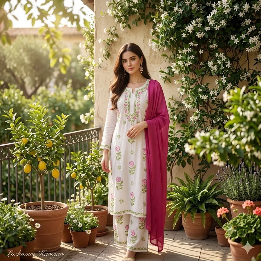 White Pink Lucknowi Rose embroidery 3 psc set