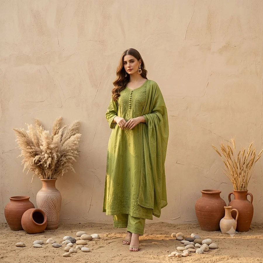Mehndi Green Ombre Shade -Cotton 3 Pcs Set