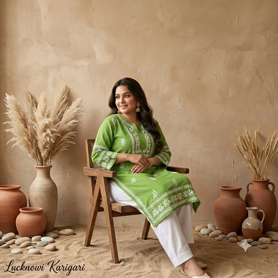 Green Rayon fabric Sleeve work Kurti