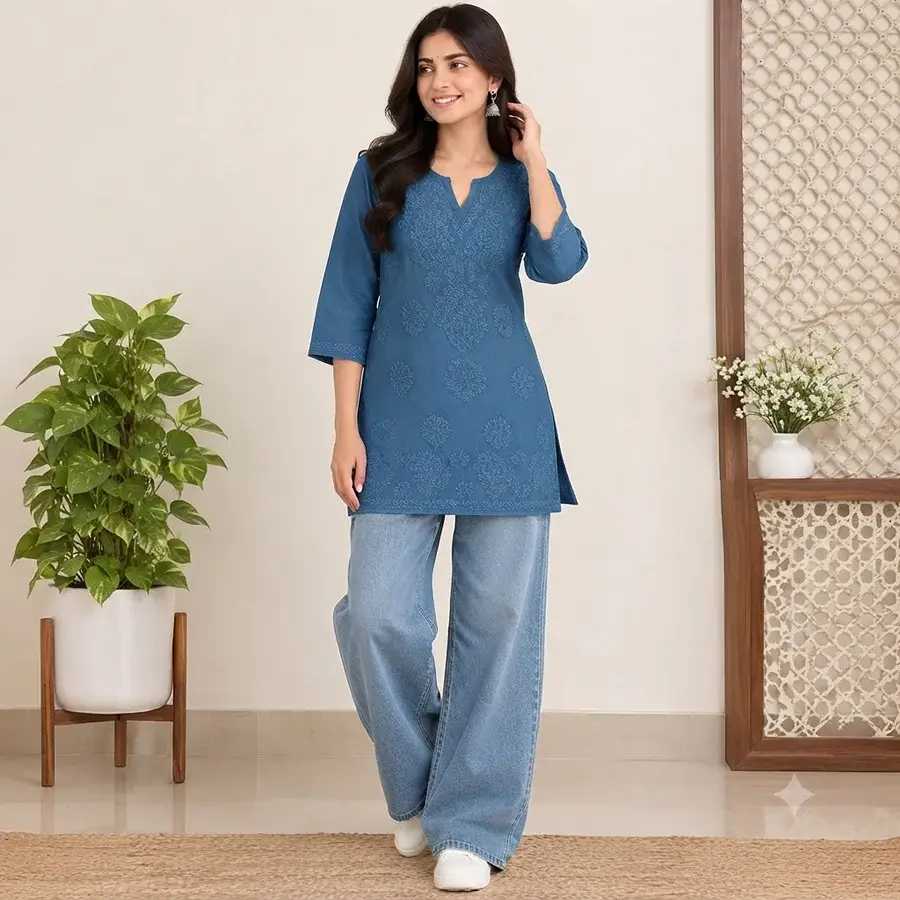 Teal Blue Malmal Short Kurta Bakhiya work