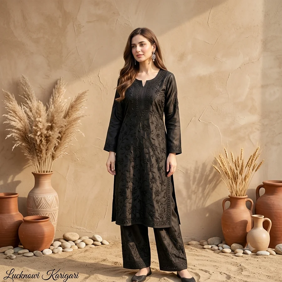 Black color Rayon Kurta with bottom Set