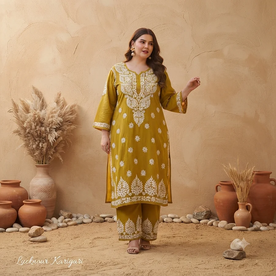 Plus Size Rayon Kurta with Palazzo Set in Musturd Color