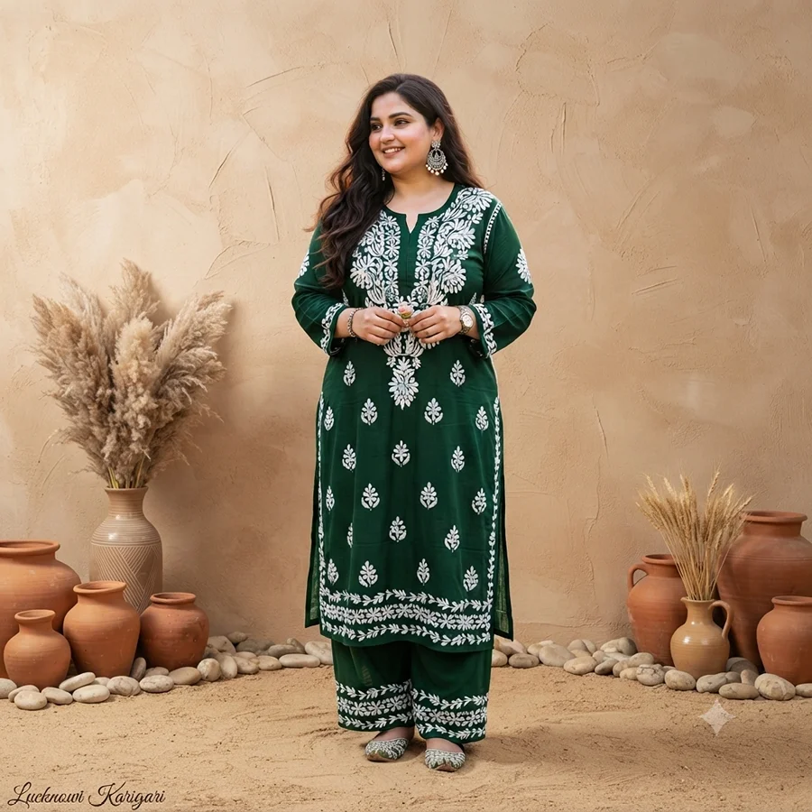 Bottle green Colour Rayon Fabric Bale work Kurta with Palazzo Set