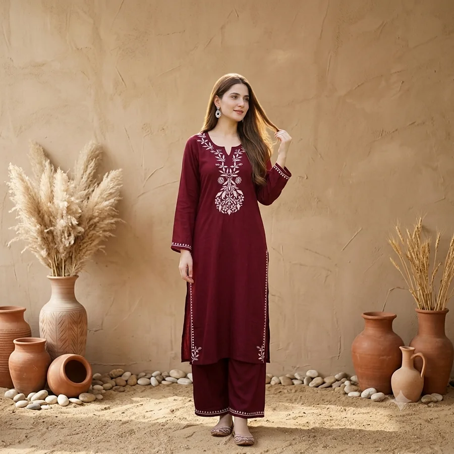 Maroon Rayon Neck work Kurta with Bottom Set