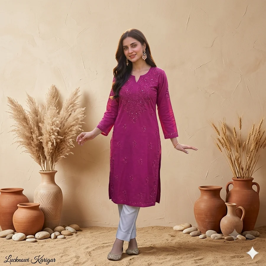 Megnta Pink Long Kurta with Mukesh Work