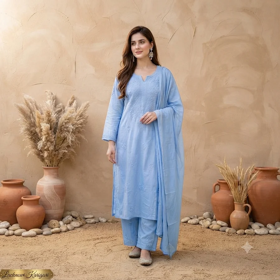 Sky Blue Ombre Rayon Fabric 3 Pcs Set