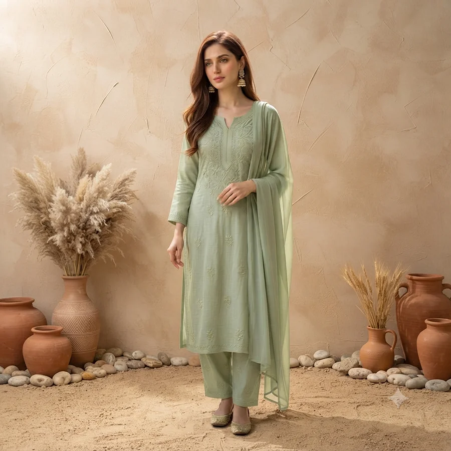 Pista Green Ombre Rayon Fabric 3 Pcs Set