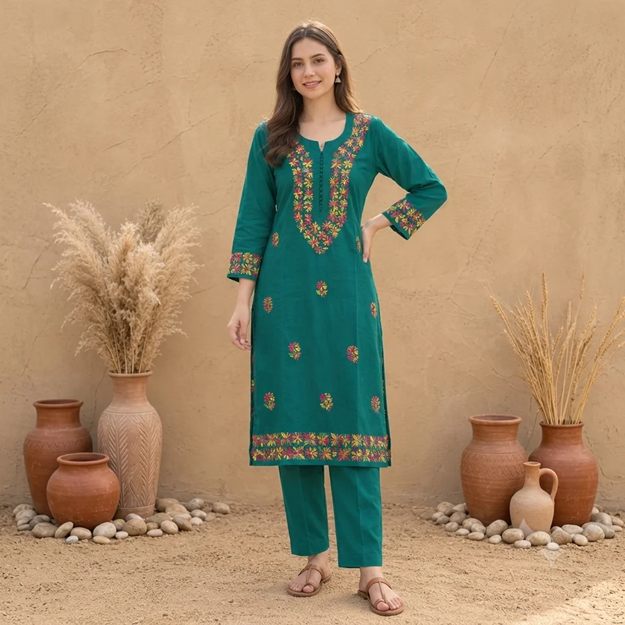 Teal Green Cotton fabric  Multi Kurti