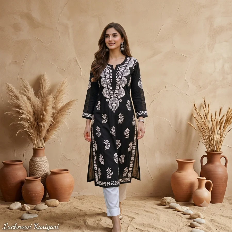 Black Colour Rayon v boota  Kurta