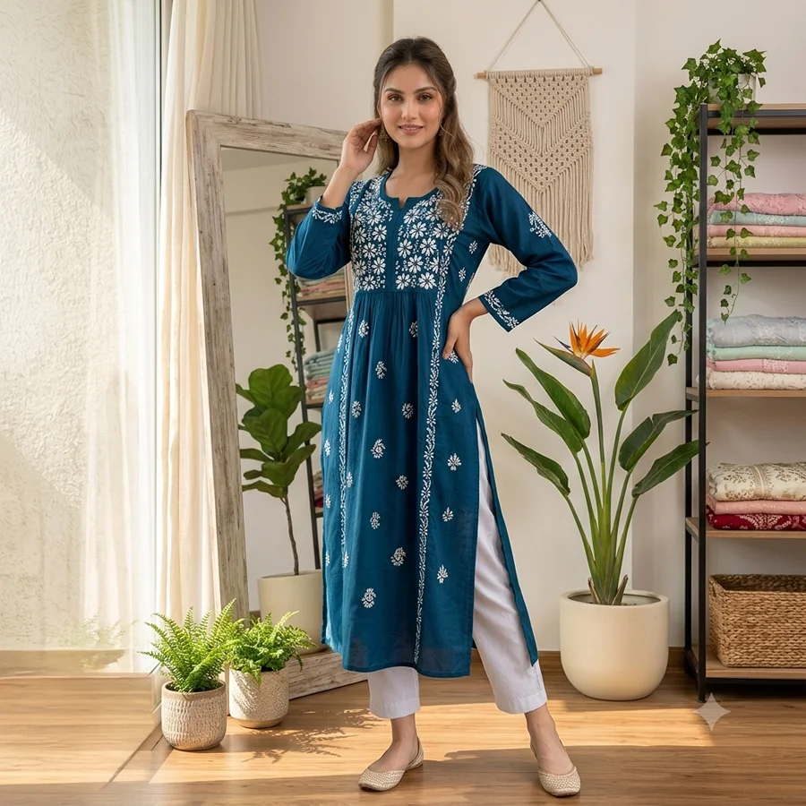Teal blue Naira Cut Malmal Kurta