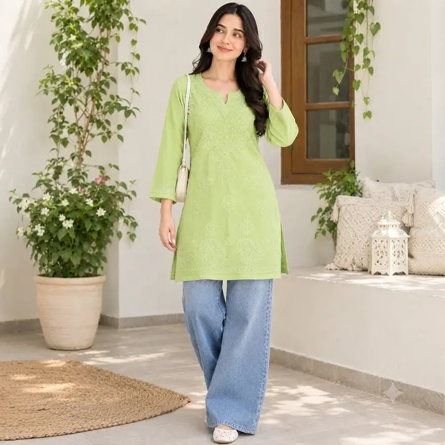 Pista Malmal Short Kurta Bakhiya work