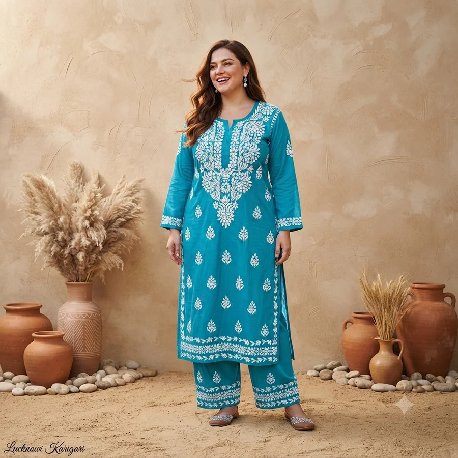 Aqua Blue Colour Rayon Fabric Bale work Kurta with Palazzo Set