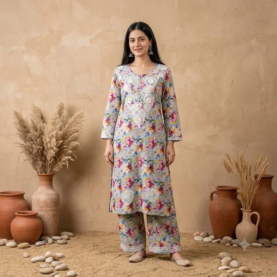 bluish Gray Multicolor Malmal Set Floral Print