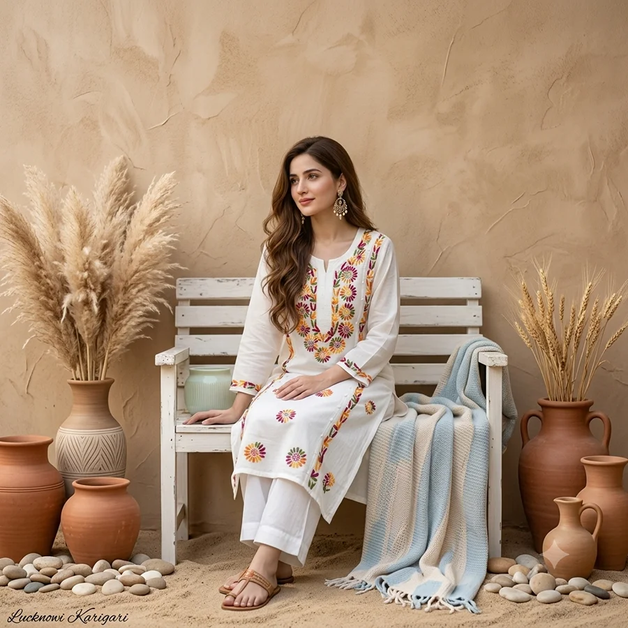 White Cotton fabric  Multi Kurti