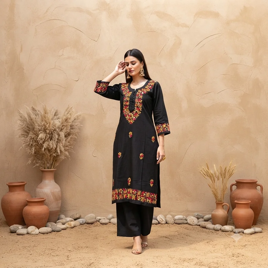 Black Cotton fabric  Multi Kurti