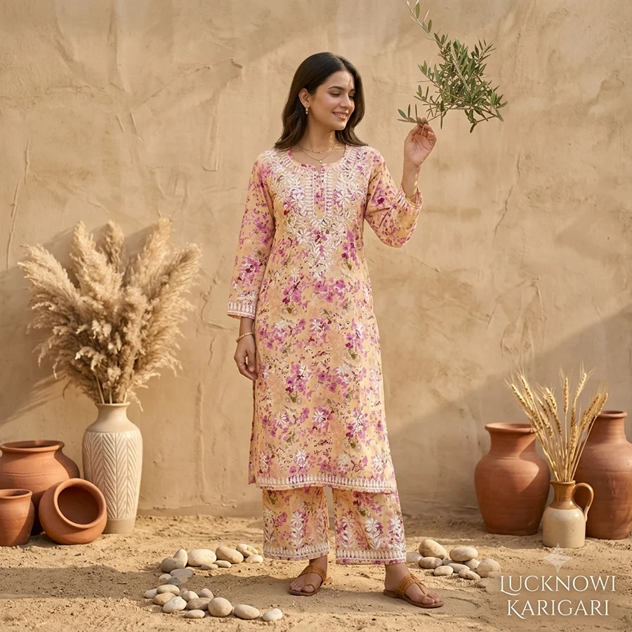 Malmal Yellow-Orange Kurti with Pant Set