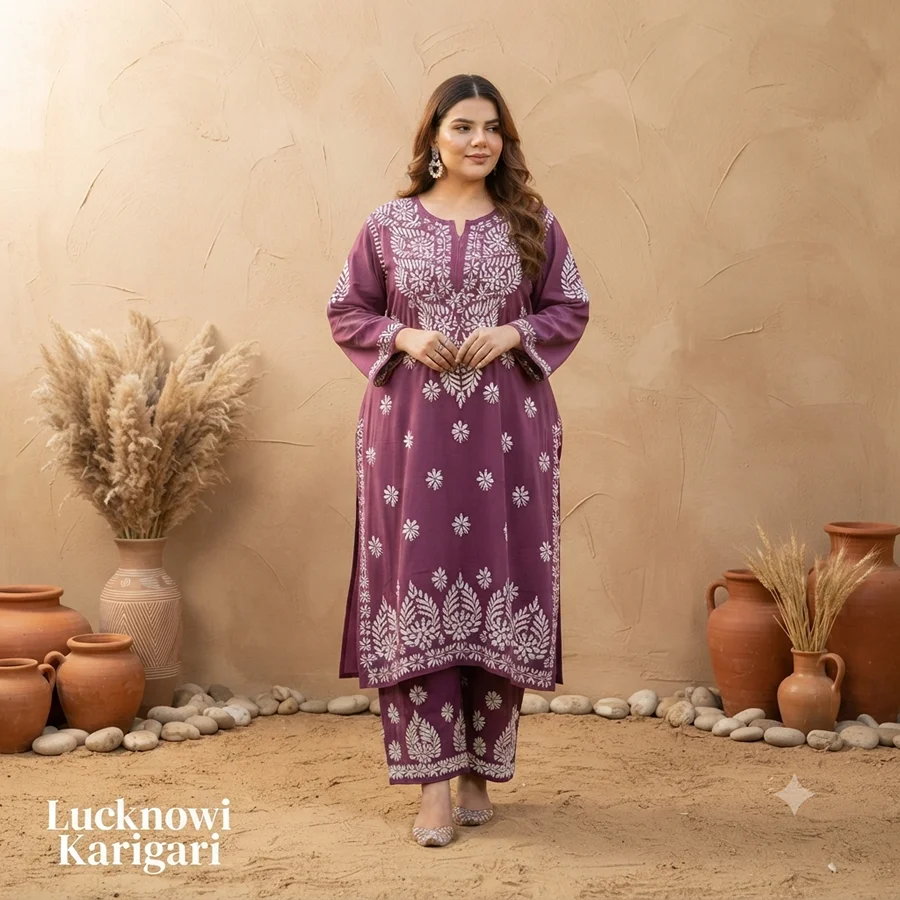 Plus Size Rayon Kurta with Palazzo Set in Mauve Color