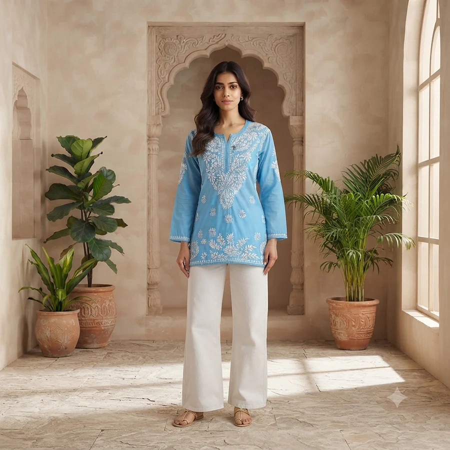 Sky blue Rayon Fabric Matching thread work Short Kurta