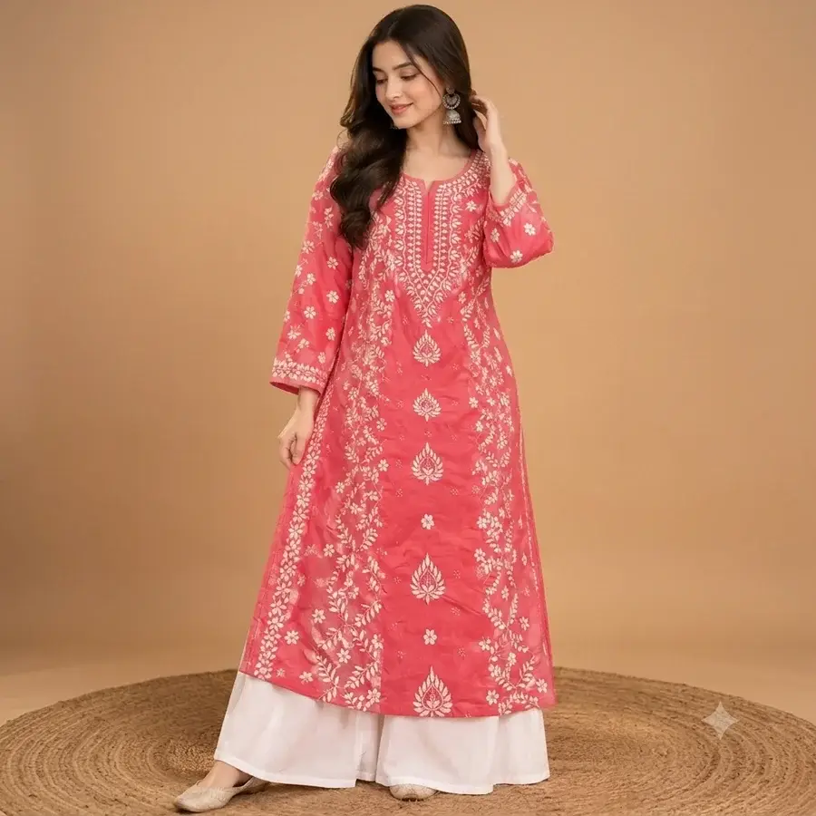 Peach pink-Rayon panel zikzag kurta