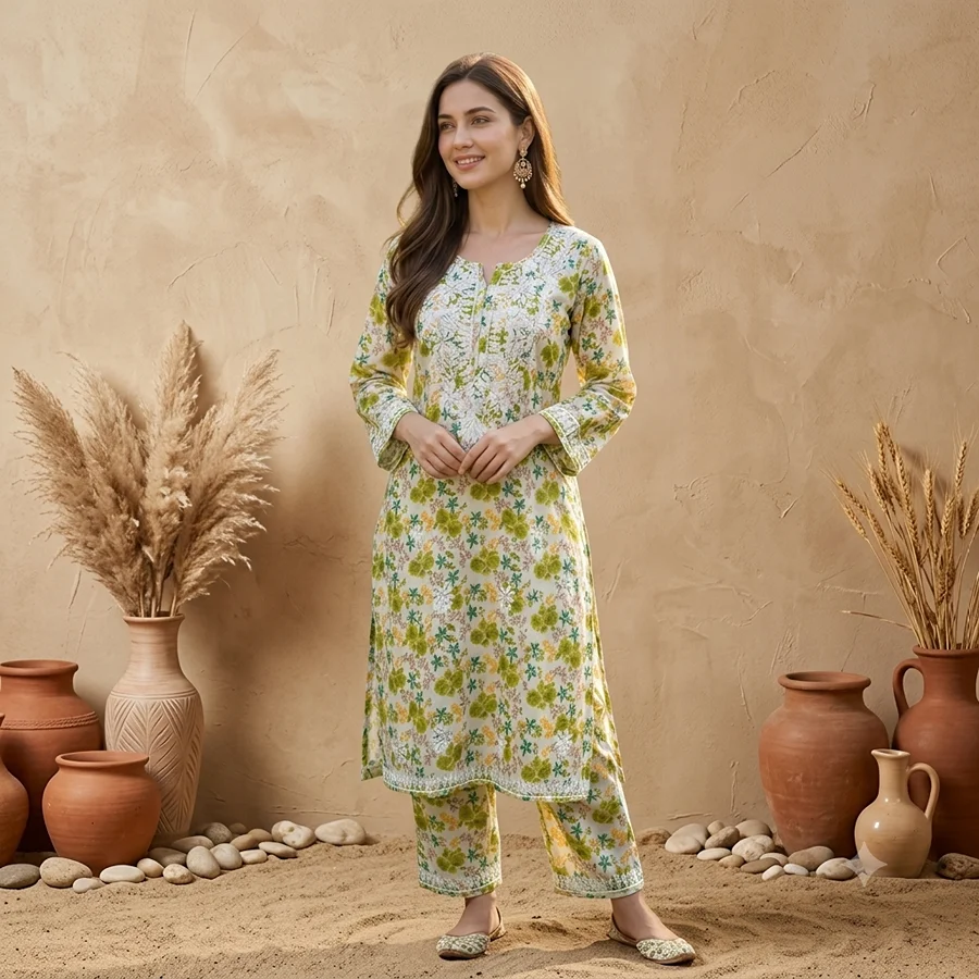 White on Olive Green Multicolor Malmal Set Floral Print