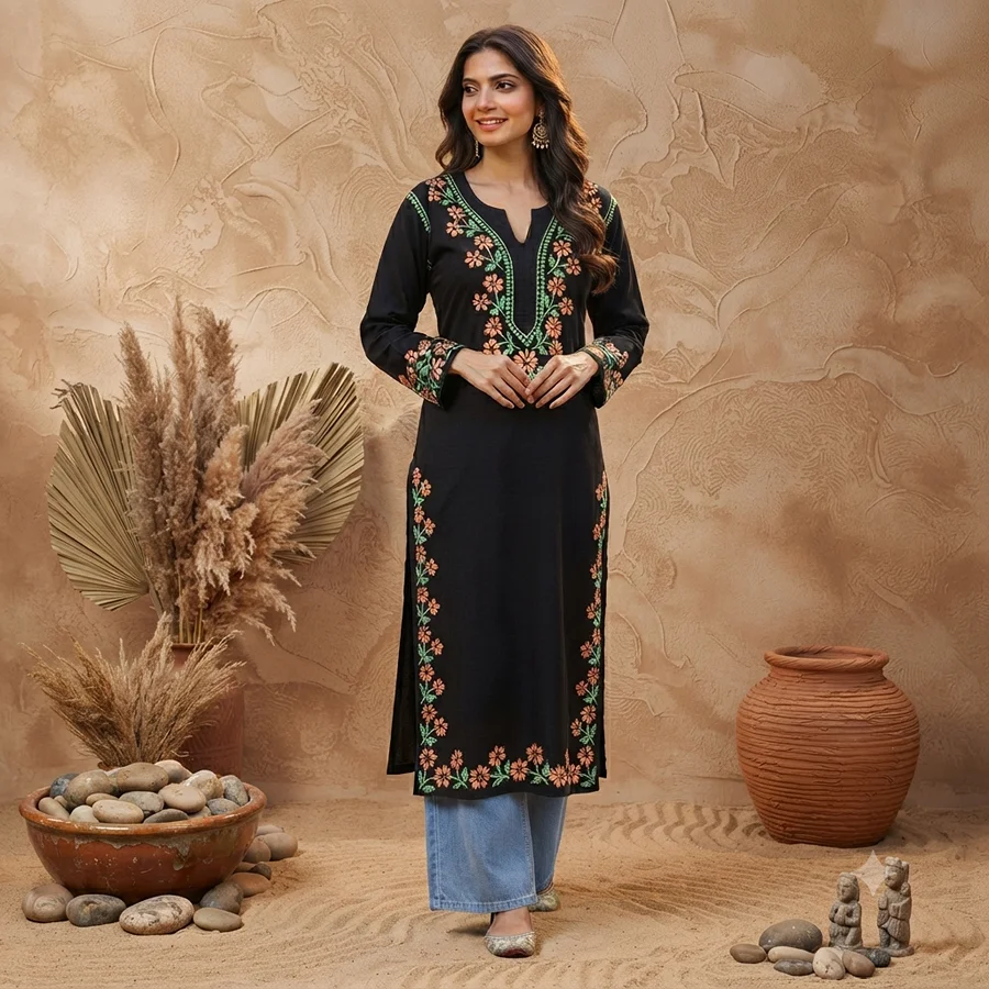 Peach-Green V neck Rayon black kurta
