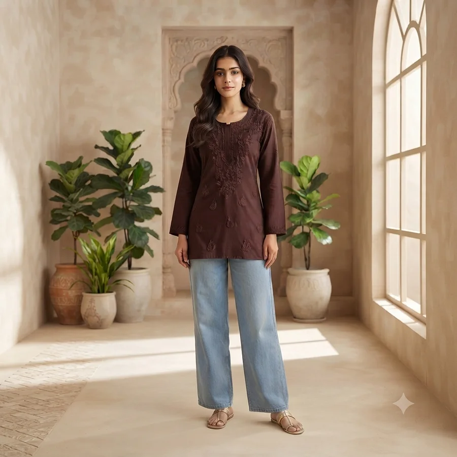Brown Rayon Fabric Matching thread work Short Kurta