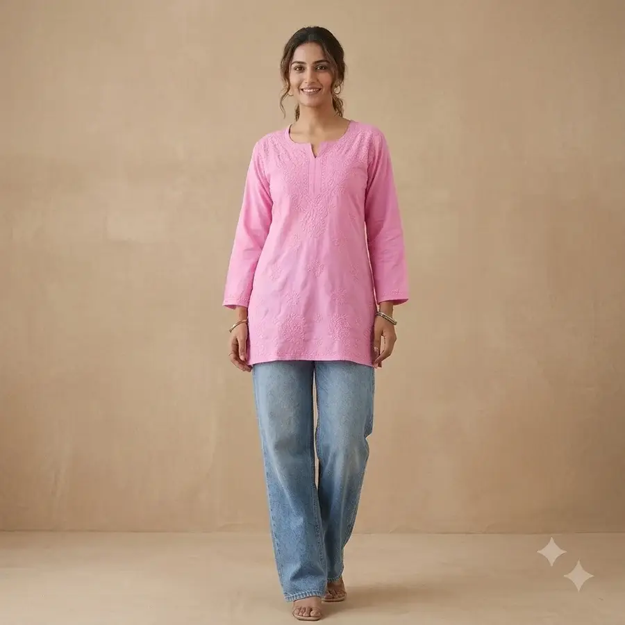 Baby Pink Malmal Short Kurta Bakhiya work