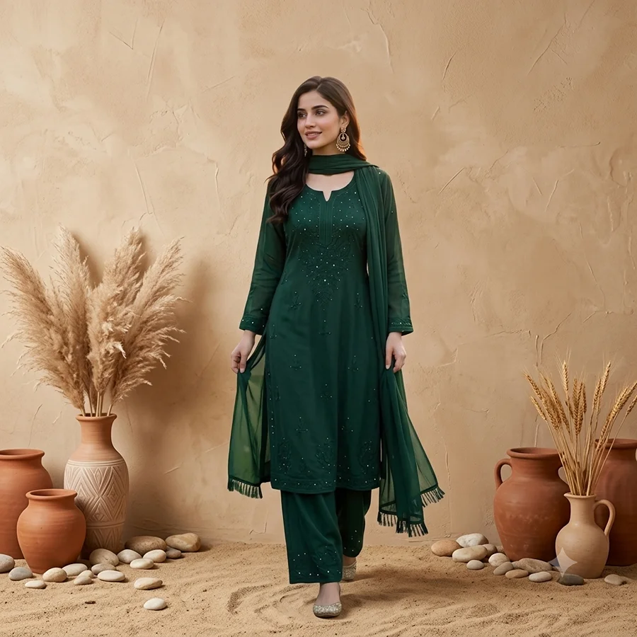 Bottel Green Rayon 3PSC set with Mukesh work