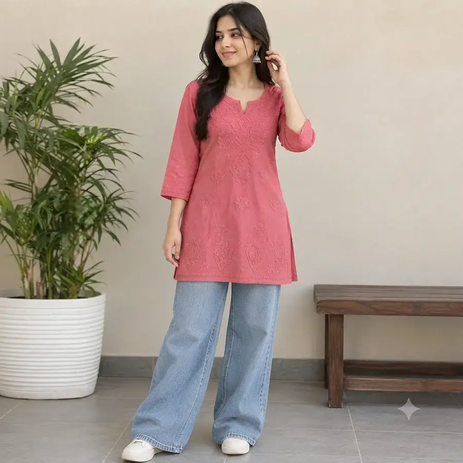 Peach Malmal Short Kurta Bakhiya work