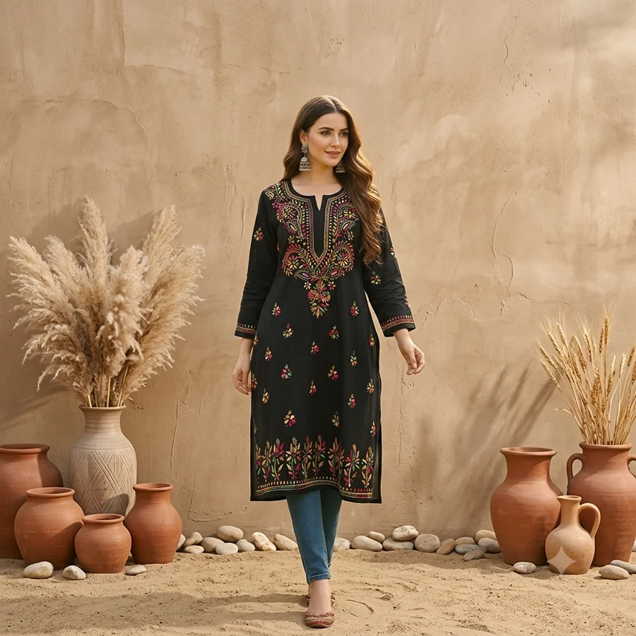 Black Cotton fabric Multi thread Kurti