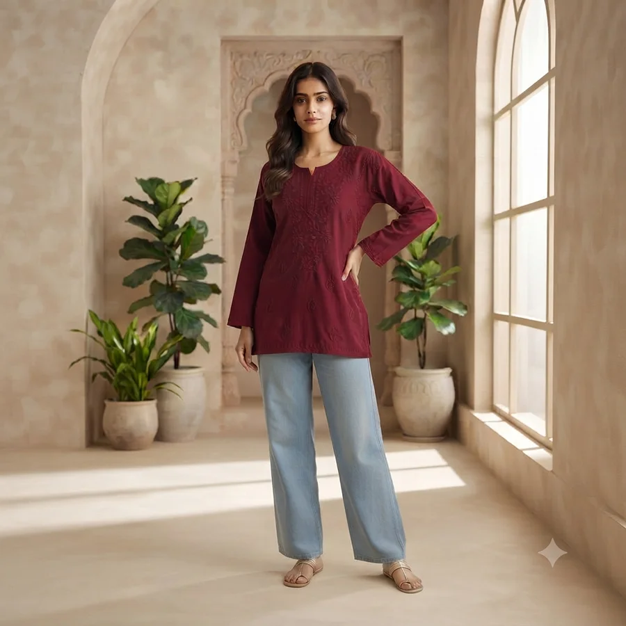 Maroon Rayon Fabric Matching thread work Short Kurta