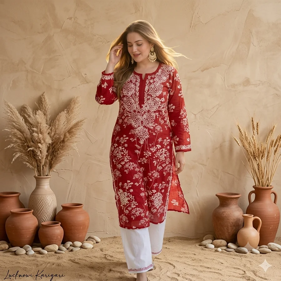 Malmal Cotton- Red Kurti