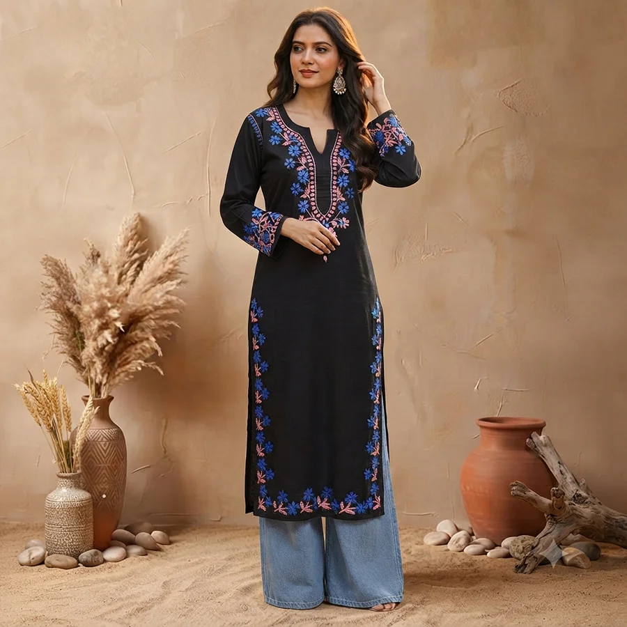 Pink blue V neck Rayon black kurta