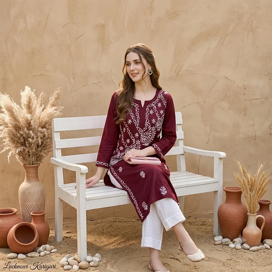Maroon Cotton Cross Neck Work Kurta