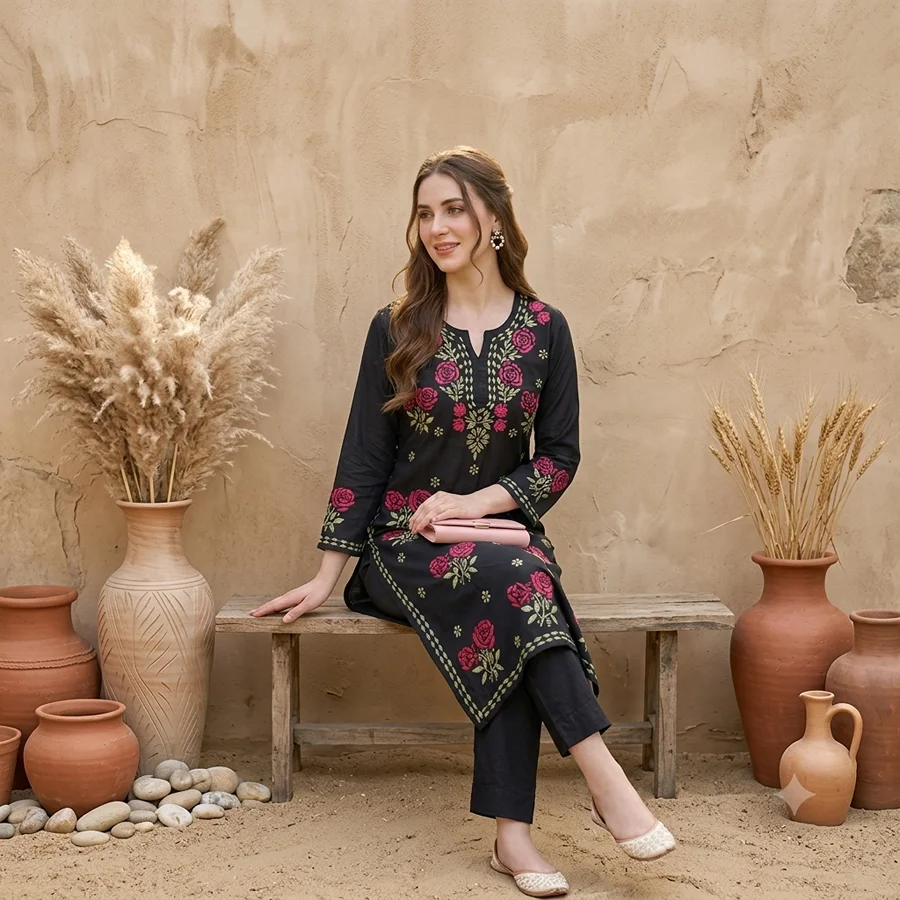 Black Red Rayon Rose work kurta lucknowi