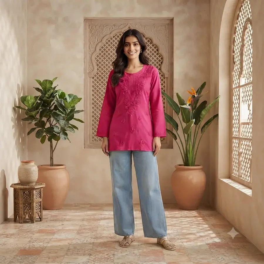 Pink Rayon Fabric Matching thread work Short Kurta