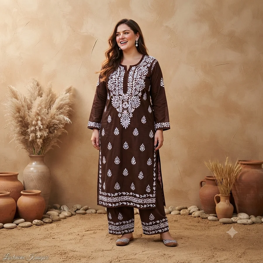 Brown Colour Rayon Fabric Bale work Kurta with Palazzo Set