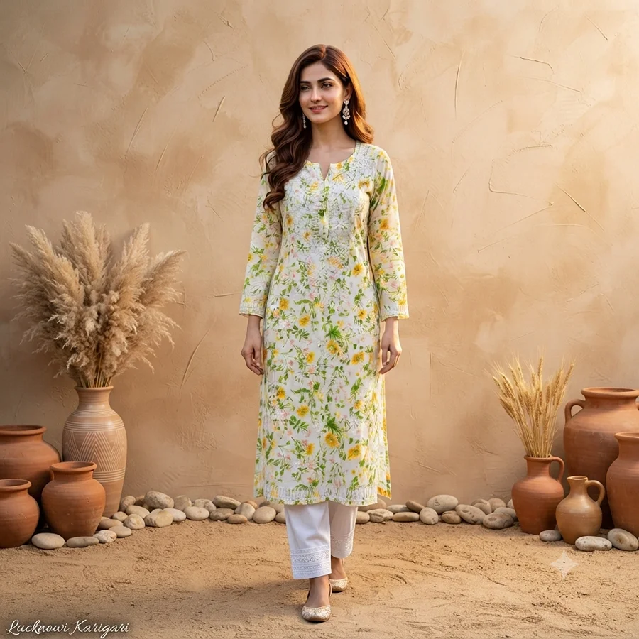 Malmal Cotton- White Yellow flower Kurti