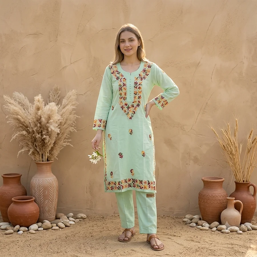 Mint Green Cotton fabric Multi Kurti