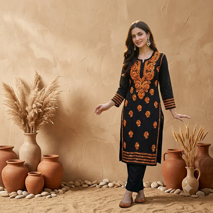 Black Orange Rayon Long Kurta