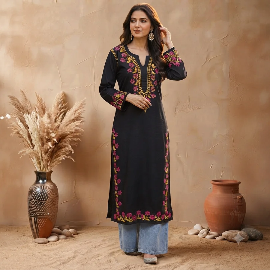 Yellow pink V neck Rayon black kurta