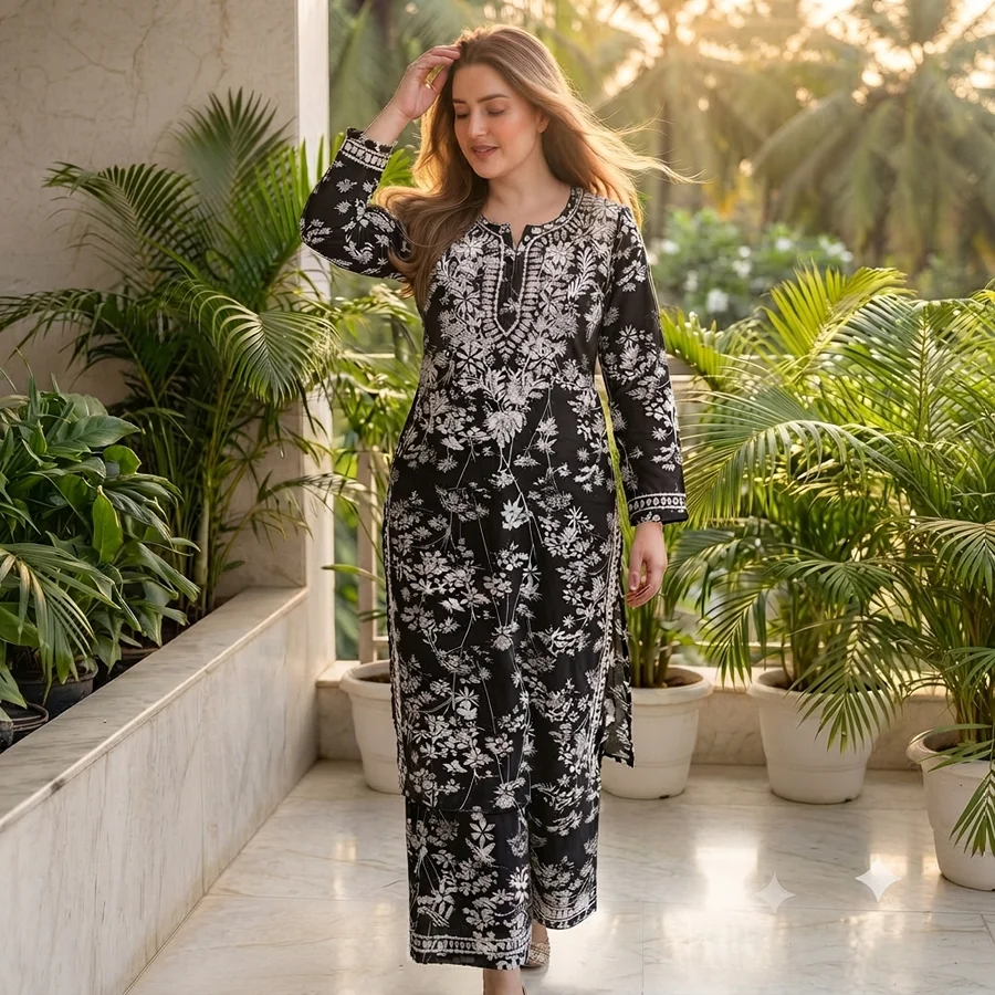 Black Malmal Cotton Kurti with Pant Set