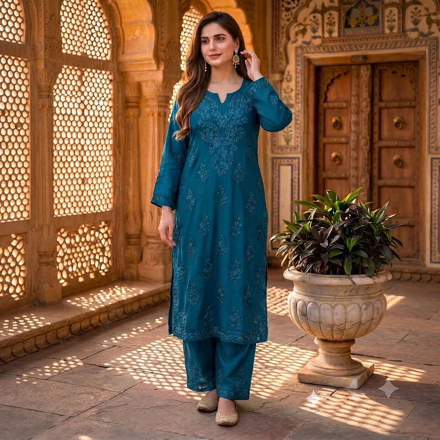 Teal Blue Heavy Rayon kurta Set on Matching Embroidery